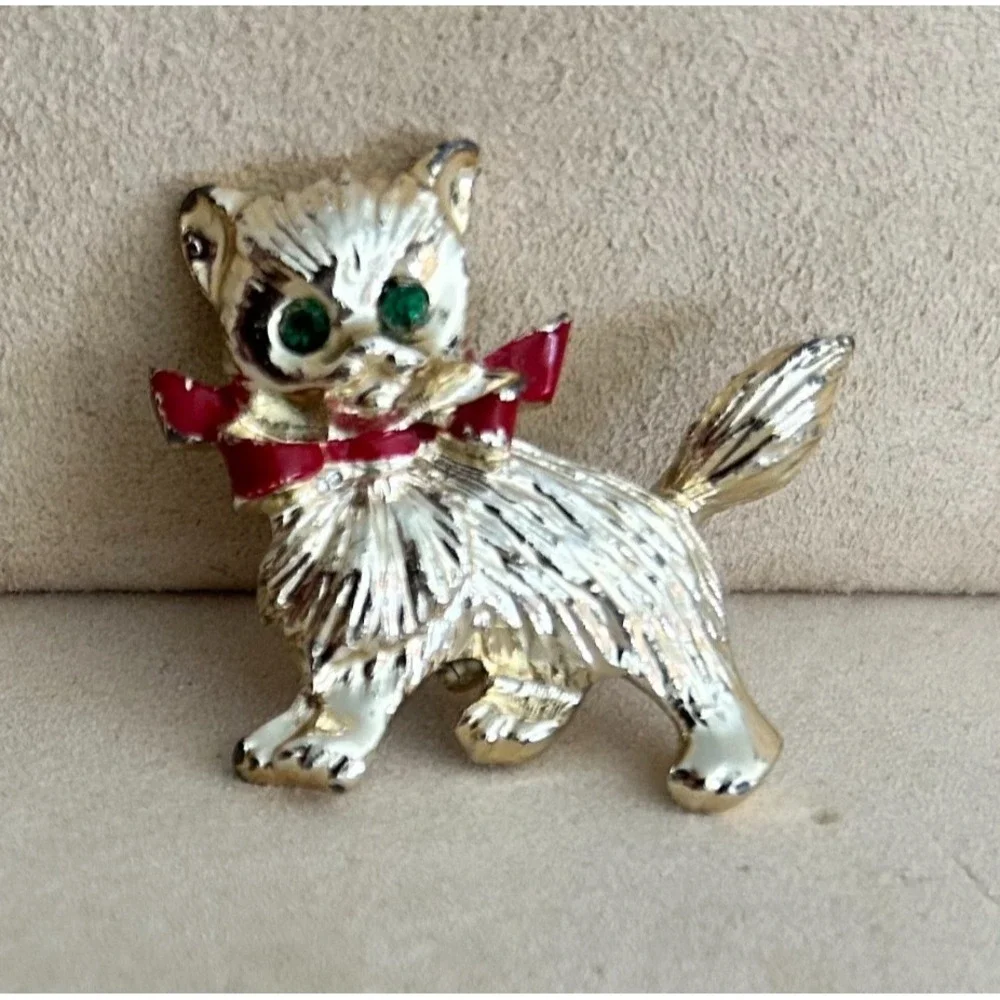 Vintage Mid-Century Cat Brooch Set 2 Rhinestone Pavé Sitting Cat Textured Gold